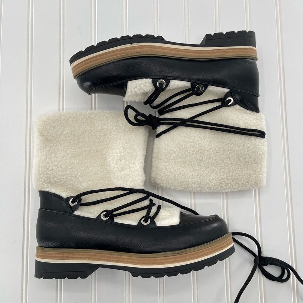 ESPRIT Elaine Black Faux Fur Platform Preppy Lace Up Strappy Boots Size 8.5